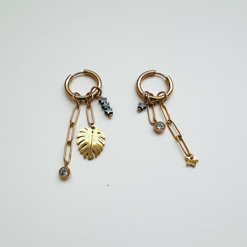 Monstera Leaf and stars Huggie Dangle Earrings with mismatched charms